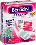 A box of Childrens Benadryl Allergy Quick Dissolve Strips, a medication used to treat allergies in children.