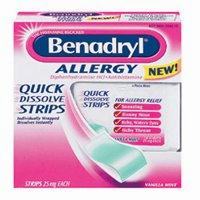 A box of Benadryl Allergy Quick Dissolve Strips, a medication used to relieve allergy symptoms.
