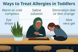 A woman and a child are shown with text overlay of ways to treat allergies in toddlers, including warm or cold compress, saline solution, elimination diet or diet change, and aloe vera gel.