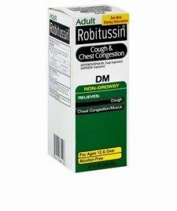 A box of Robitussin Cough & Chest Congestion DM, a non-drowsy cough suppressant and expectorant.