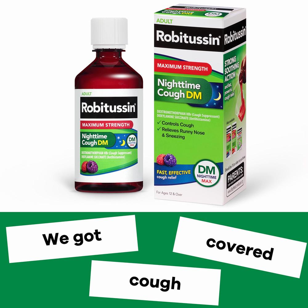 A bottle of Robitussin Maximum Strength Nighttime Cough DM, which promises fast, effective cough relief.