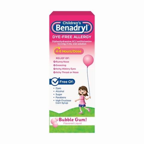 A box of dye-free childrens Benadryl allergy liquid medicine in bubble gum flavor.