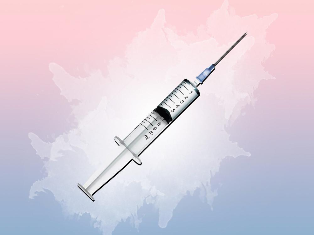 An illustration of a syringe with a needle against a pink and blue background.