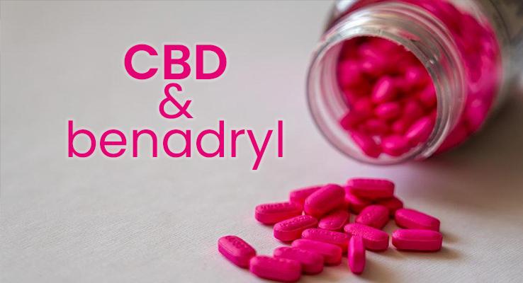 A jar of pink pills is tilted and several pills have spilled out onto a white surface with text next to the jar that reads: CBD & Benadryl.