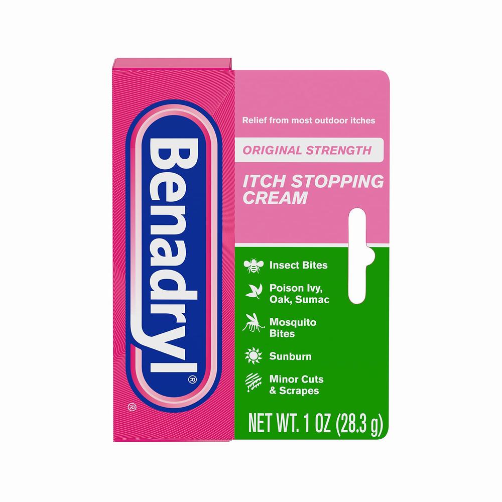 A box of Benadryl Itch Stopping Cream in the original strength, which relieves most outdoor itches.