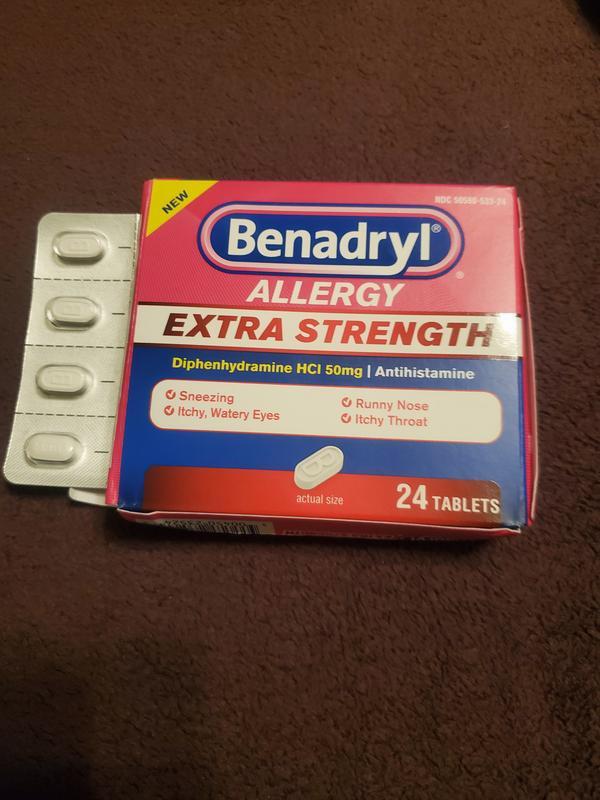 A box of Benadryl Allergy Extra Strength tablets, an antihistamine used to treat allergies.