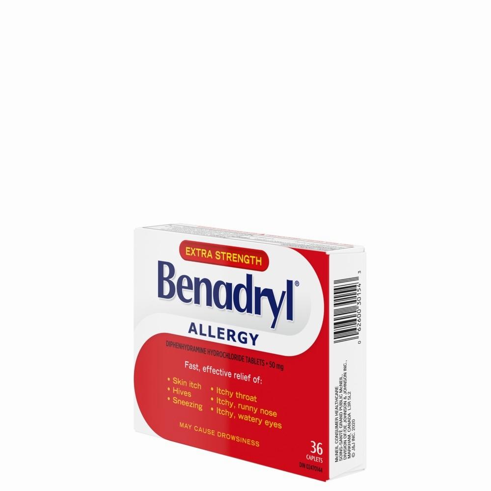 A box of Benadryl Allergy caplets, an antihistamine used to treat allergies.