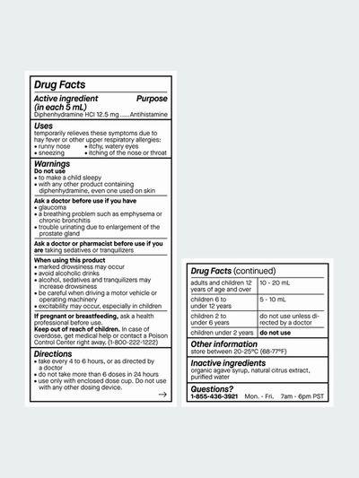 Drug Facts label for diphenhydramine.