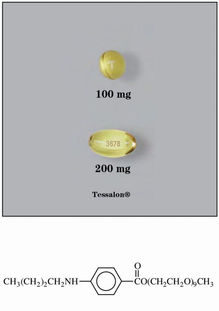 Two yellow pills with imprint 100 mg and 3678 200 mg respectively, with the chemical formula CH3(CH2)2CH2NH -CO(CH2CH2O)nCH3 below.