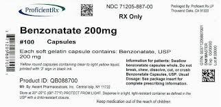 A bottle of Benzonatate capsules, a medication used to treat coughs.