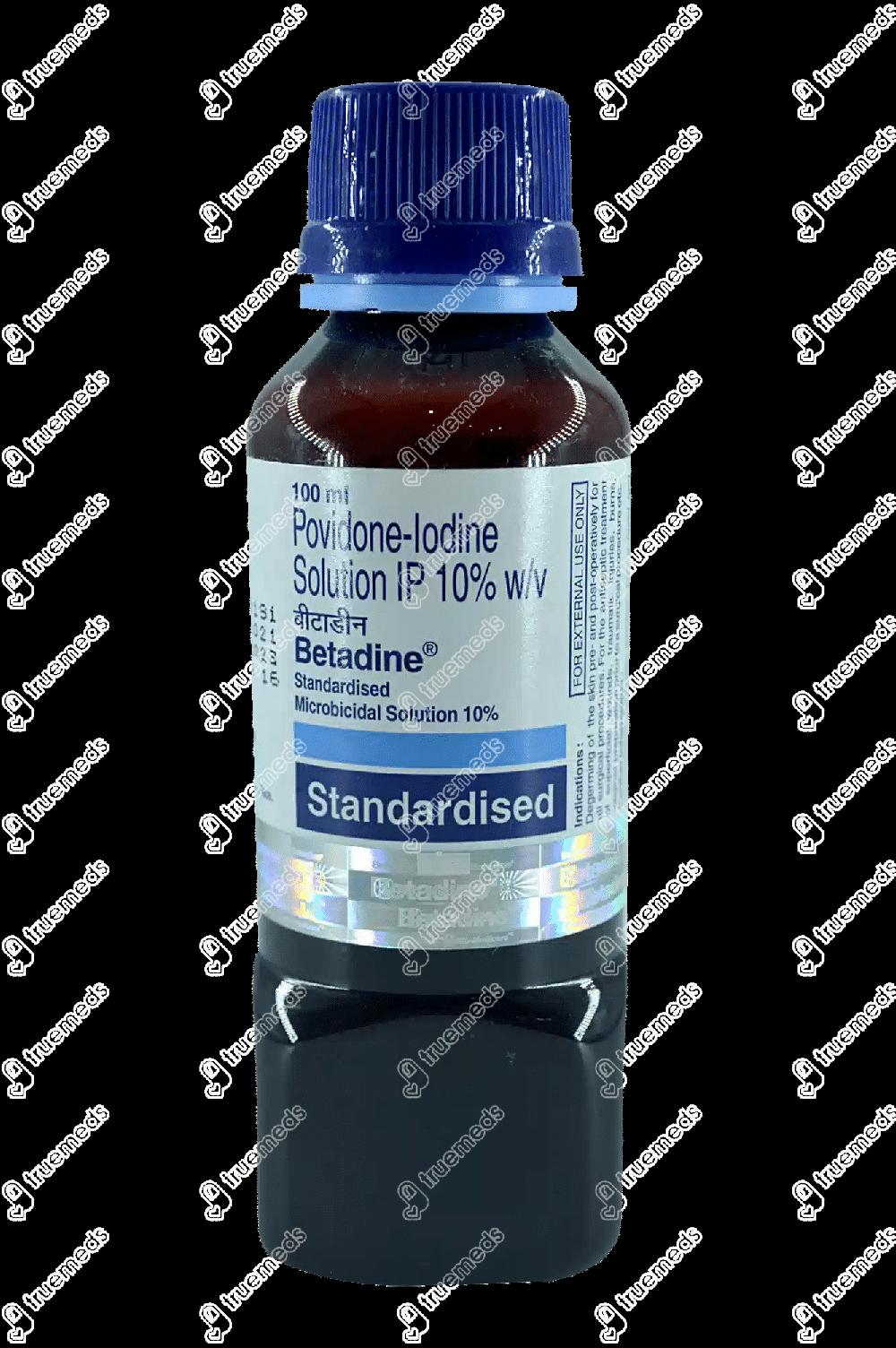 A brown glass bottle of Betadine, a povidone-iodine solution used as a topical antiseptic.