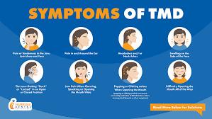 Symptoms of TMD include pain in the jaw, pain in or around the ear, headaches, and swelling on the side of the face.