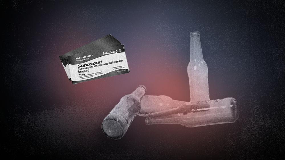 A black and white illustration of a box of Suboxone next to three empty beer bottles.