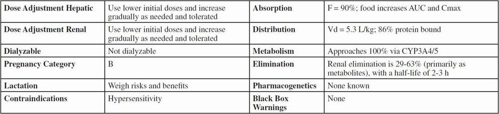 Drug information table including dosage adjustment for hepatic and renal impairment, absorption, distribution, metabolism, elimination, pregnancy category, lactation, contraindications, pharmacogenetics, and warnings.