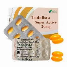 A blister pack of yellow pills with the word TADALISTA SUPER ACTIVE 20mg printed on the packaging.