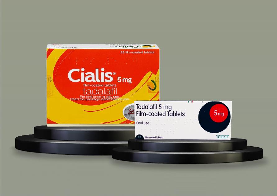 A blue and white box of Cialis 5mg film-coated tablets and a box of Teva Tadalafil 5mg film-coated tablets.