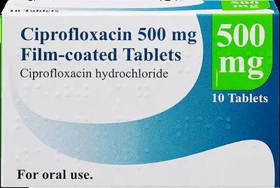 A box of Ciprofloxacin 500mg film-coated tablets, an antibiotic medicine.