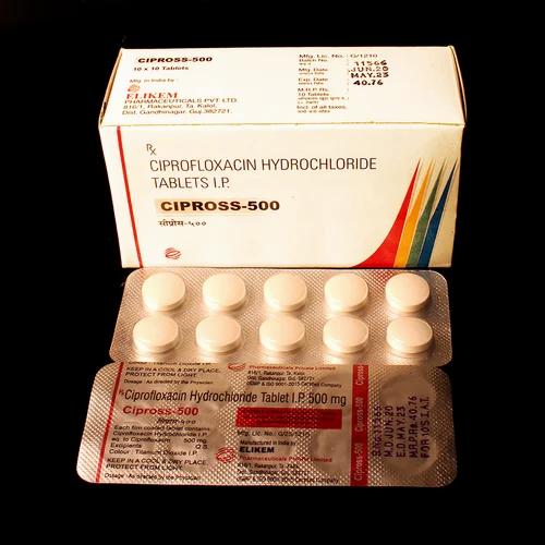 A box of Ciprofloxacin Hydrochloride Tablets 500mg.