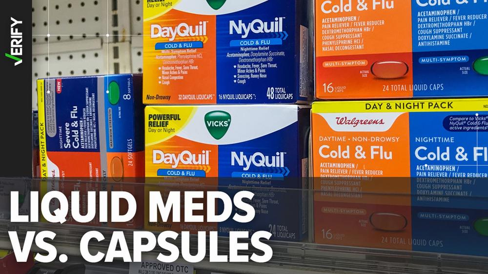 A photo of a shelf of over-the-counter liquid cold and flu medications.
