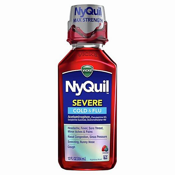 A bottle of NyQuil Severe Cold & Flu medicine.