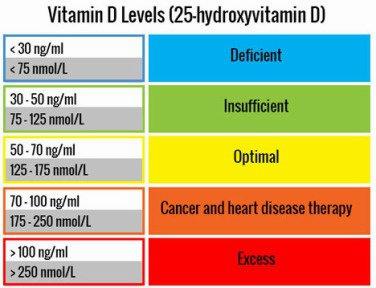 A chart showing the different levels of vitamin D, ranging from deficient to excess.