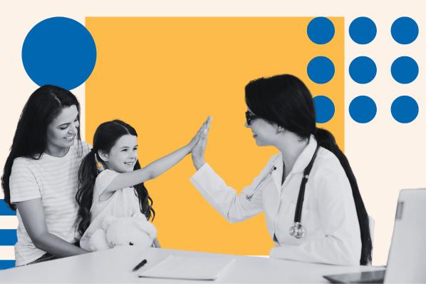 A female doctor is high-fiving a young girl while the girls mother looks on approvingly.