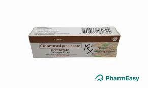 A brown and white box containing a tube of Clobetasol Propionate Dermovate Cream.