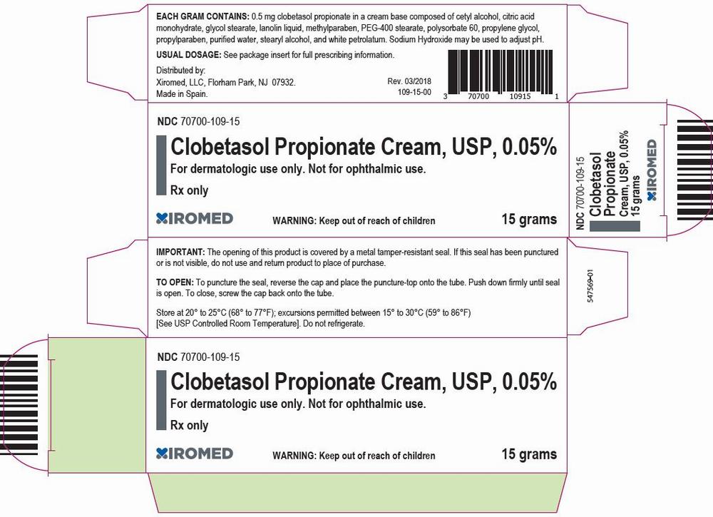 A box containing a tube of 0.05% clobetasol propionate cream, a corticosteroid medication used to treat skin conditions such as eczema and psoriasis.