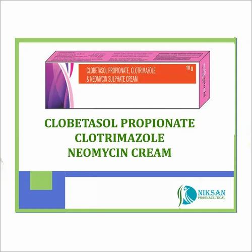 A pink and blue box of Clobetasol Propionate, Clotrimazole, and Neomycin cream.