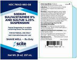 The image is of a label for a prescription medication called Sodium Sulfacetamide and Sulfur Suspension, 9%/4.25%, which is used to treat skin conditions such as acne and rosacea.
