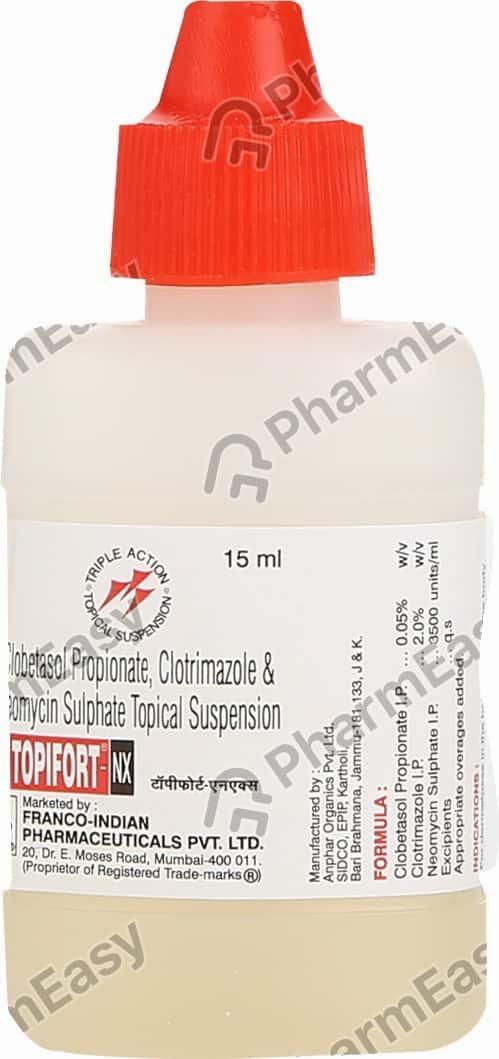 A red and white bottle of Topifort-NX, a topical suspension containing three medications: clobetasol propionate, clotrimazole, and neomycin sulfate.