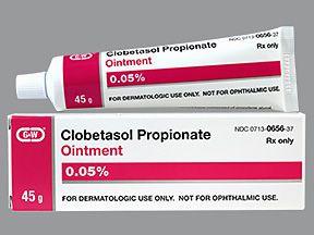 A box and tube of prescription strength 0.05% Clobetasol Propionate ointment.