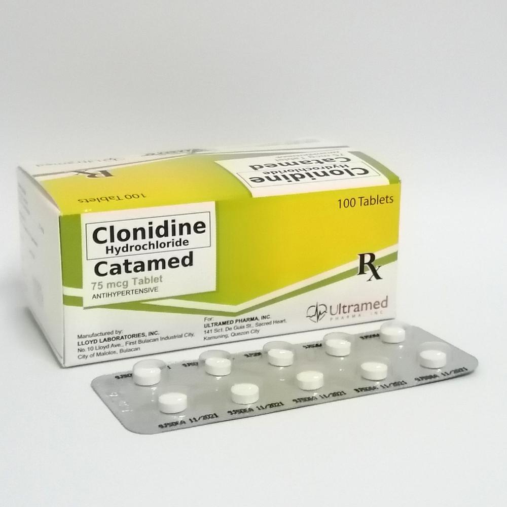 A box of 100 white Clonidine Hydrochloride 75 mcg tablets, an antihypertensive drug manufactured by Lloyd Laboratories and distributed by Ultramed Pharma.