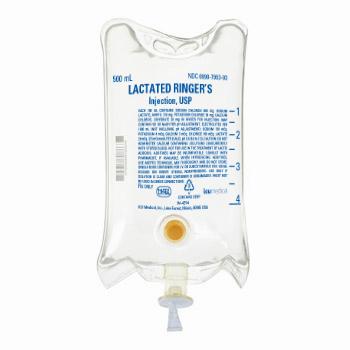 A bag of Lactated Ringers injection, a sterile solution used for intravenous fluid replacement.