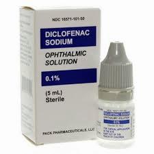 A box of Diclofenac ophthalmic solution 0.1%, a non-steroidal anti-inflammatory drug (NSAID) used to treat pain, swelling, and inflammation in the eyes.