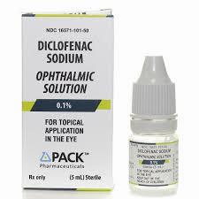 A box and bottle of Diclofenac ophthalmic solution 0.1% by Pack Pharmaceuticals.