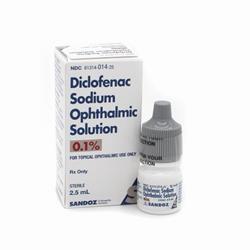 A box and bottle of Diclofenac ophthalmic solution 0.1%.