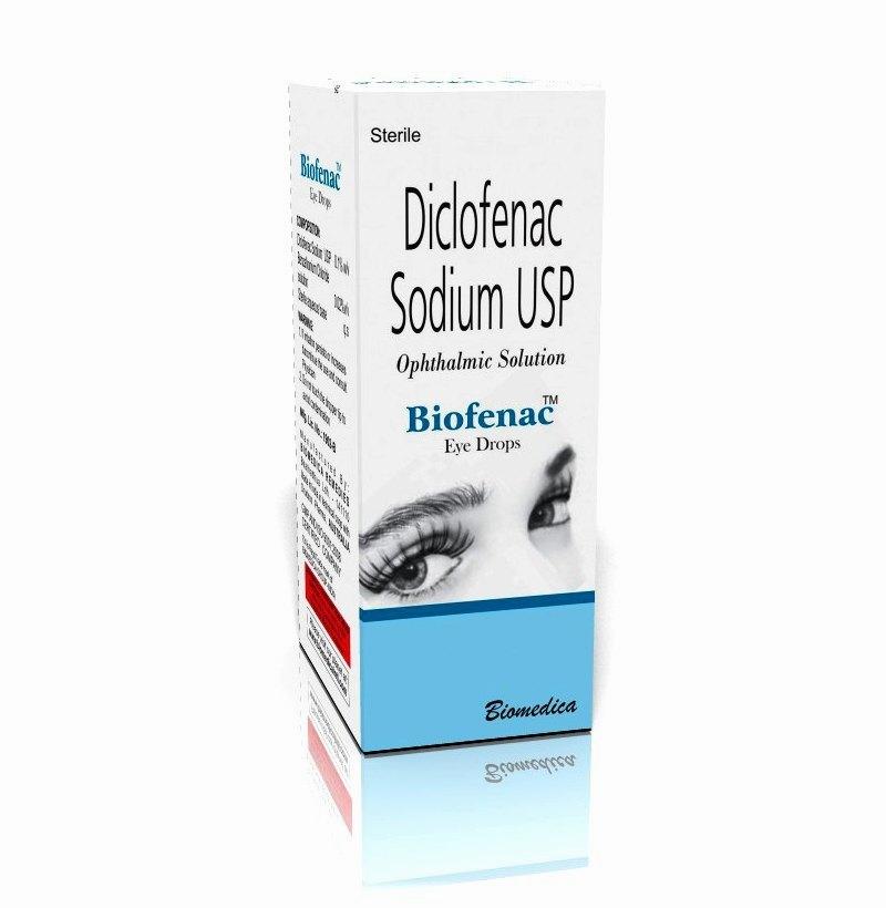 A box of eye drops with the label Biofenac Diclofenac Sodium 0.1% w/v Ophthalmic Solution.