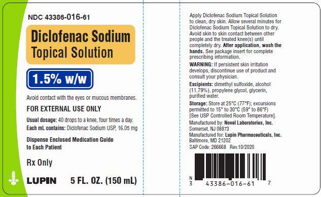 A box containing a 150 mL bottle of Diclofenac Sodium Topical Solution 1.5% w/w, a medication used to treat pain and inflammation in the knee.
