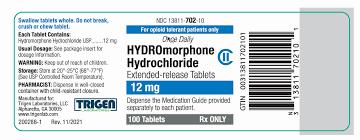 A blue and white box of 12 mg extended-release hydromorphone hydrochloride tablets.