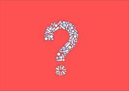 A question mark made out of pills on a red background.