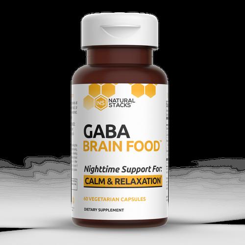 A brown bottle of Natural Stacks GABA Brain Food capsules, a nighttime support for calm and relaxation.
