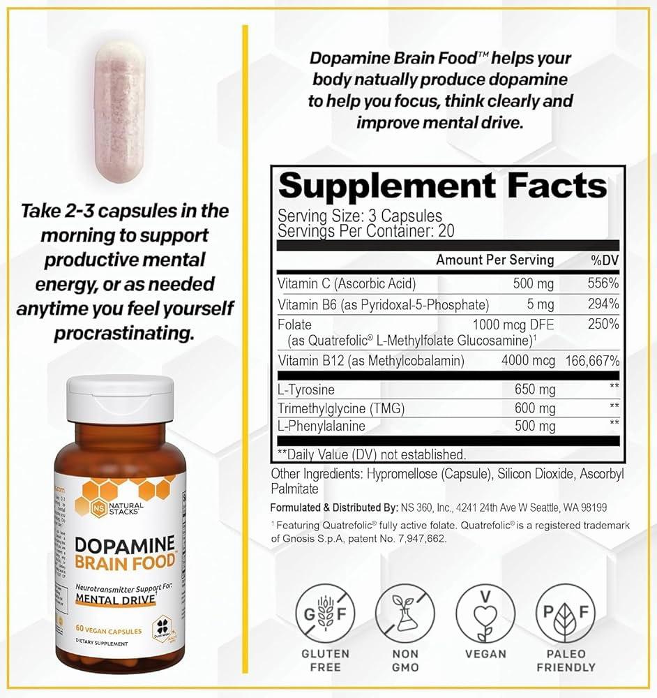 A bottle of Dopamine Brain Food, a natural supplement that helps your body produce dopamine to help you focus, think clearly, and improve mental drive.