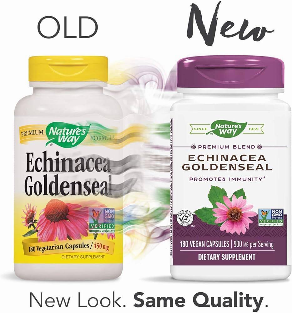 The old and new packaging of Natures Way Echinacea Goldenseal capsules.