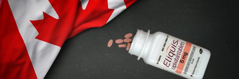 A bottle of Eliquis pills spilled on a table next to a Canadian flag.