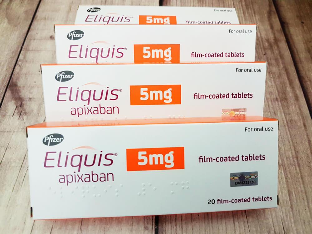 A box of Eliquis 5mg film-coated tablets, a medication used to prevent blood clots.