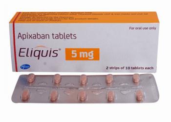 A box of Eliquis, a medication used to prevent blood clots, with a dosage of 5mg.