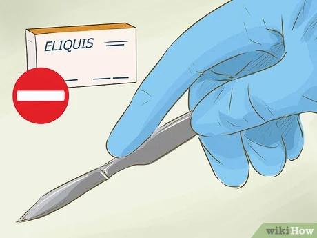 A gloved hand holding a scalpel with a red circle with a line through it over a box labeled Eliquis.