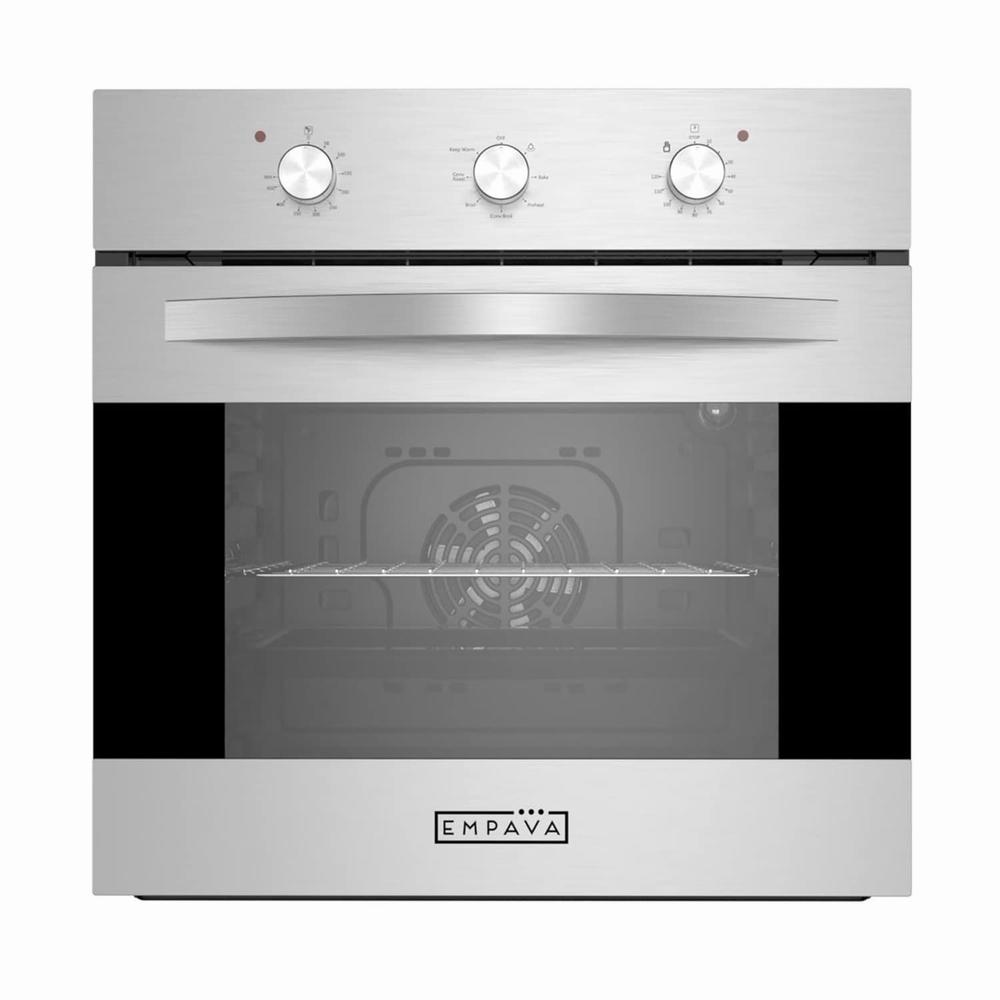 The image shows a stainless steel wall oven with a black glass door and a control panel with four knobs and a digital display.