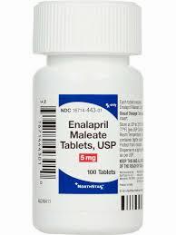 A prescription bottle of Enalapril Maleate tablets, used to treat high blood pressure.